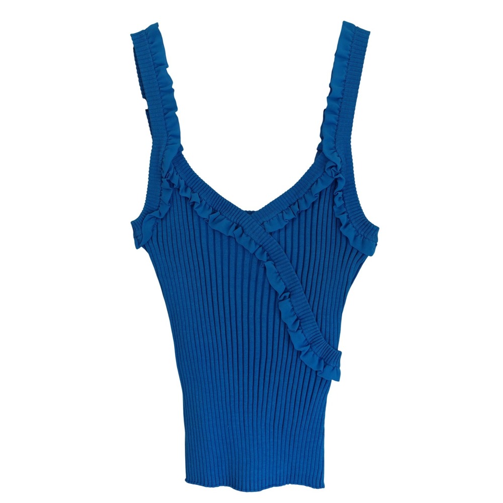 Vtg Y2K Tank Top Blue Silk Rib Knit Asymmetric Ruffle V‎ Neck Babydoll Cami Med